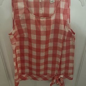 J-Crew sleeveless light red and white plaid top with adorable side bow detail